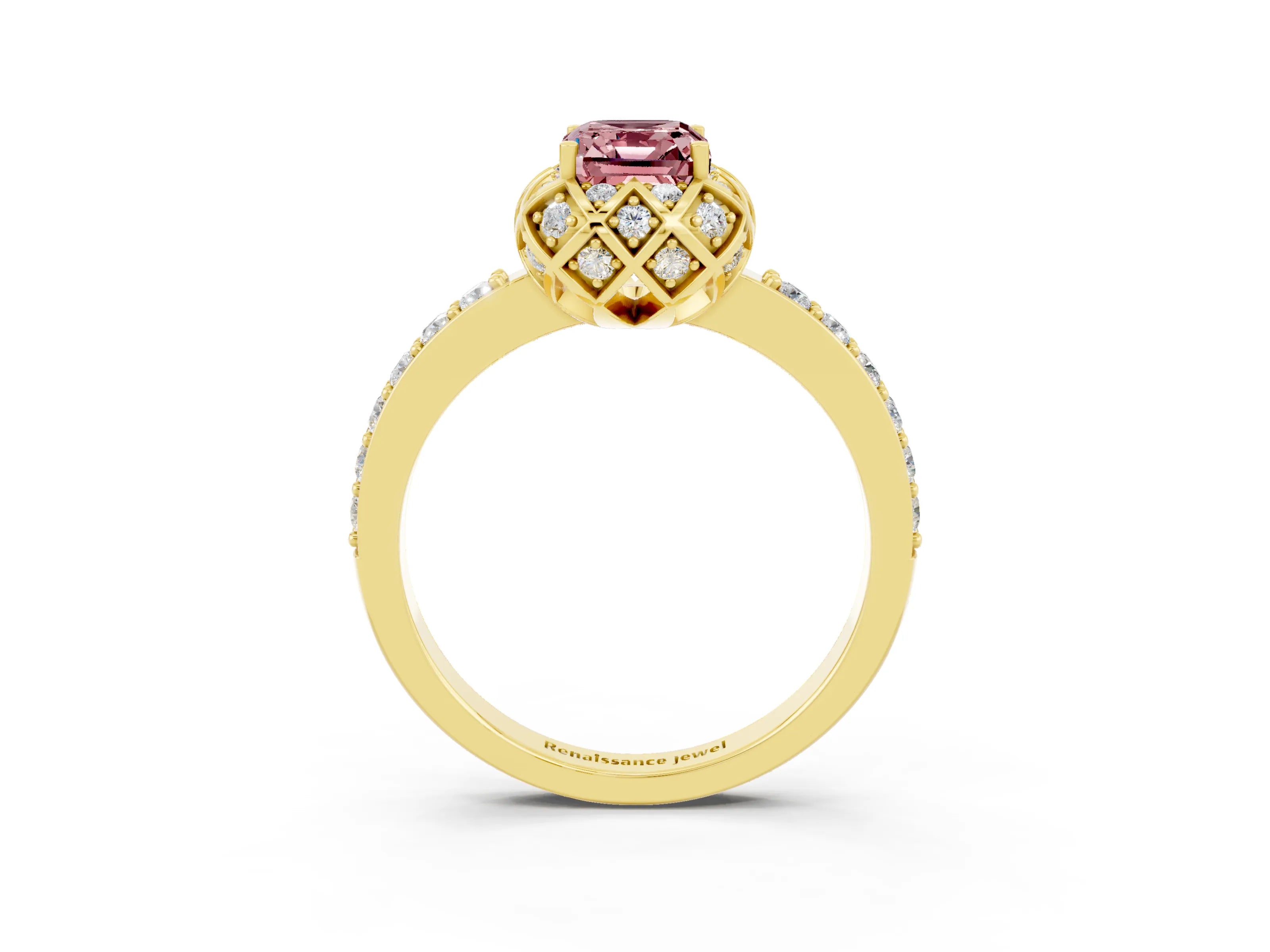 Yellow gold Emerald Cut Diamond Solitaire Ring with Shared Prong Pavé Band_3