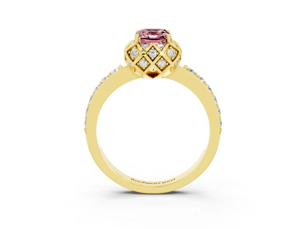 Yellow gold Emerald Cut Diamond Solitaire Ring with Shared Prong Pavé Band