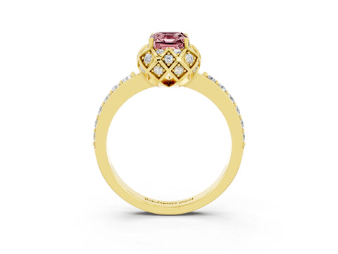 Yellow gold Emerald Cut Diamond Solitaire Ring with Shared Prong Pavé Band_3