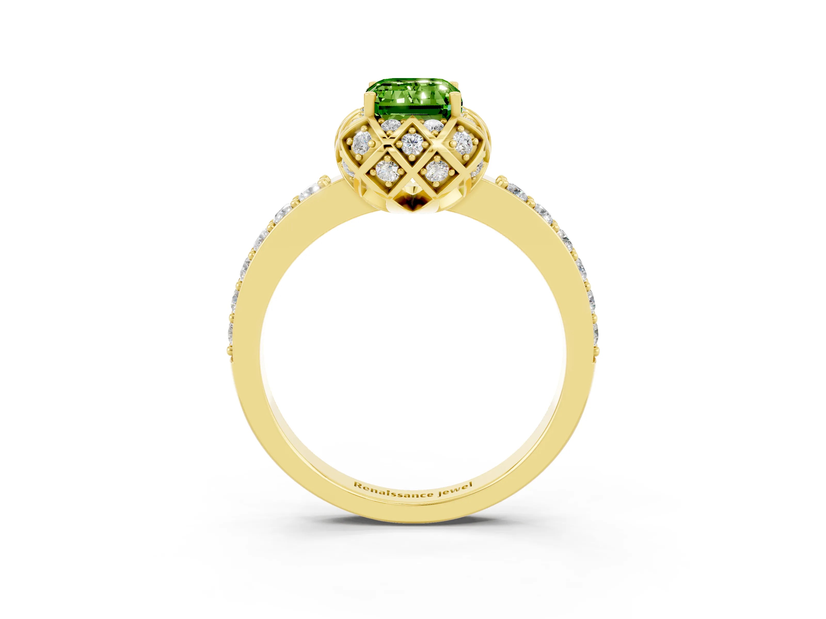 Yellow gold Emerald Cut Diamond Solitaire Ring with Shared Prong Pavé Band_3