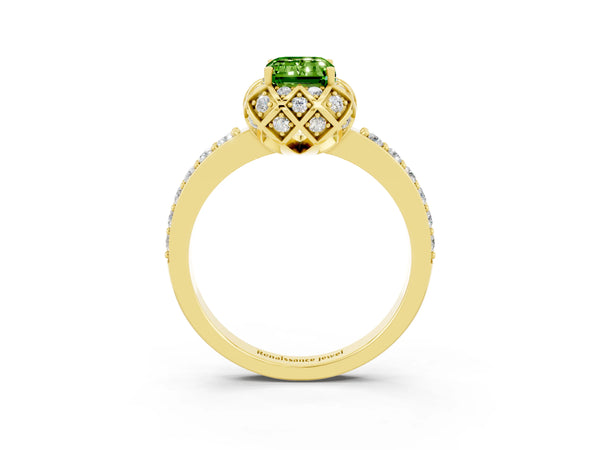 Yellow gold Emerald Cut Diamond Solitaire Ring with Shared Prong Pavé Band