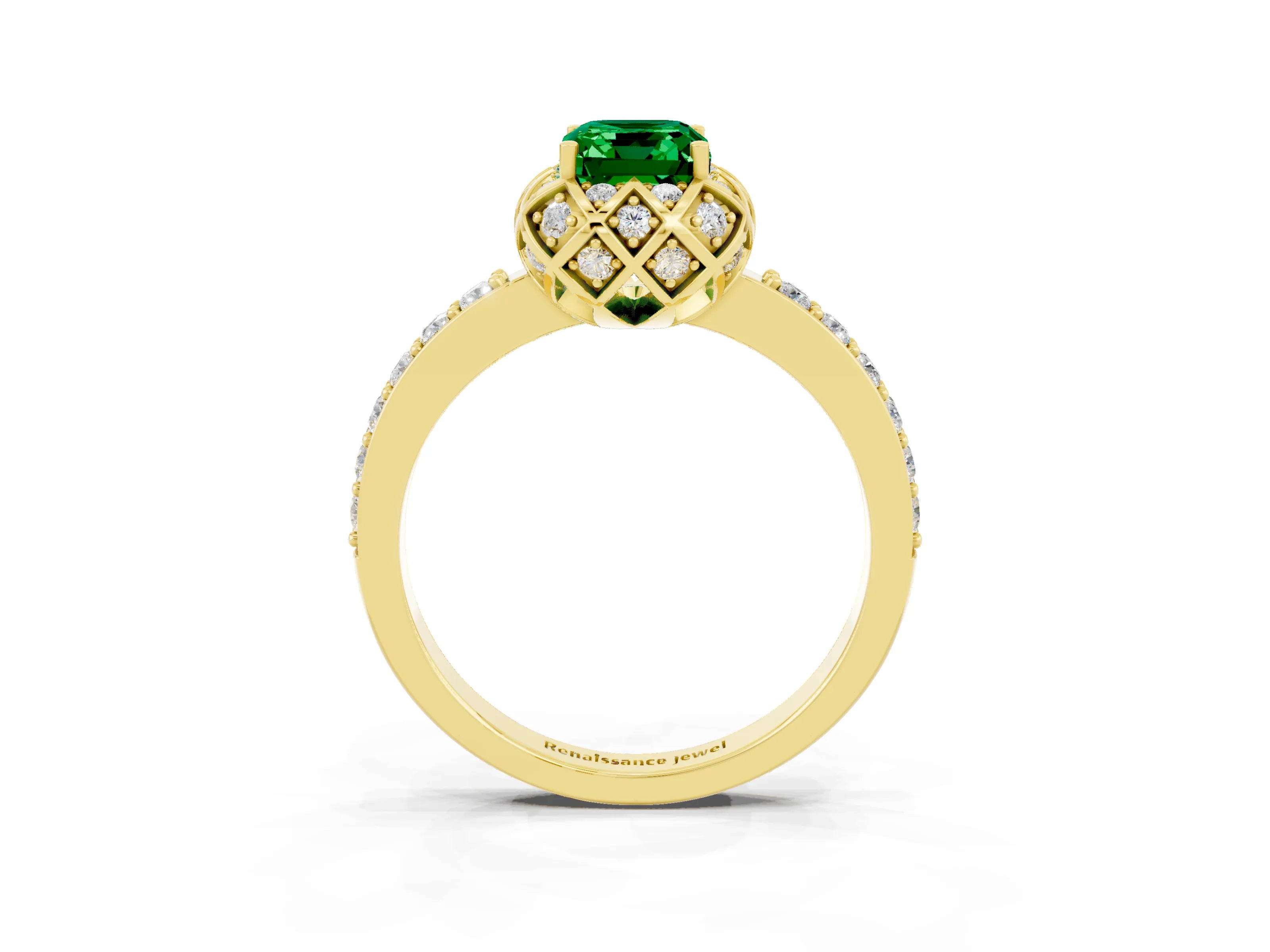 Yellow gold Emerald Cut Diamond Solitaire Ring with Shared Prong Pavé Band_3