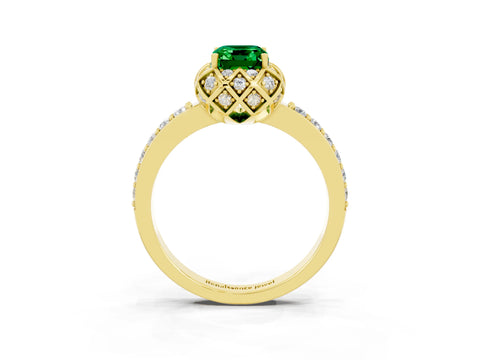 Yellow gold Emerald Cut Diamond Solitaire Ring with Shared Prong Pavé Band_3