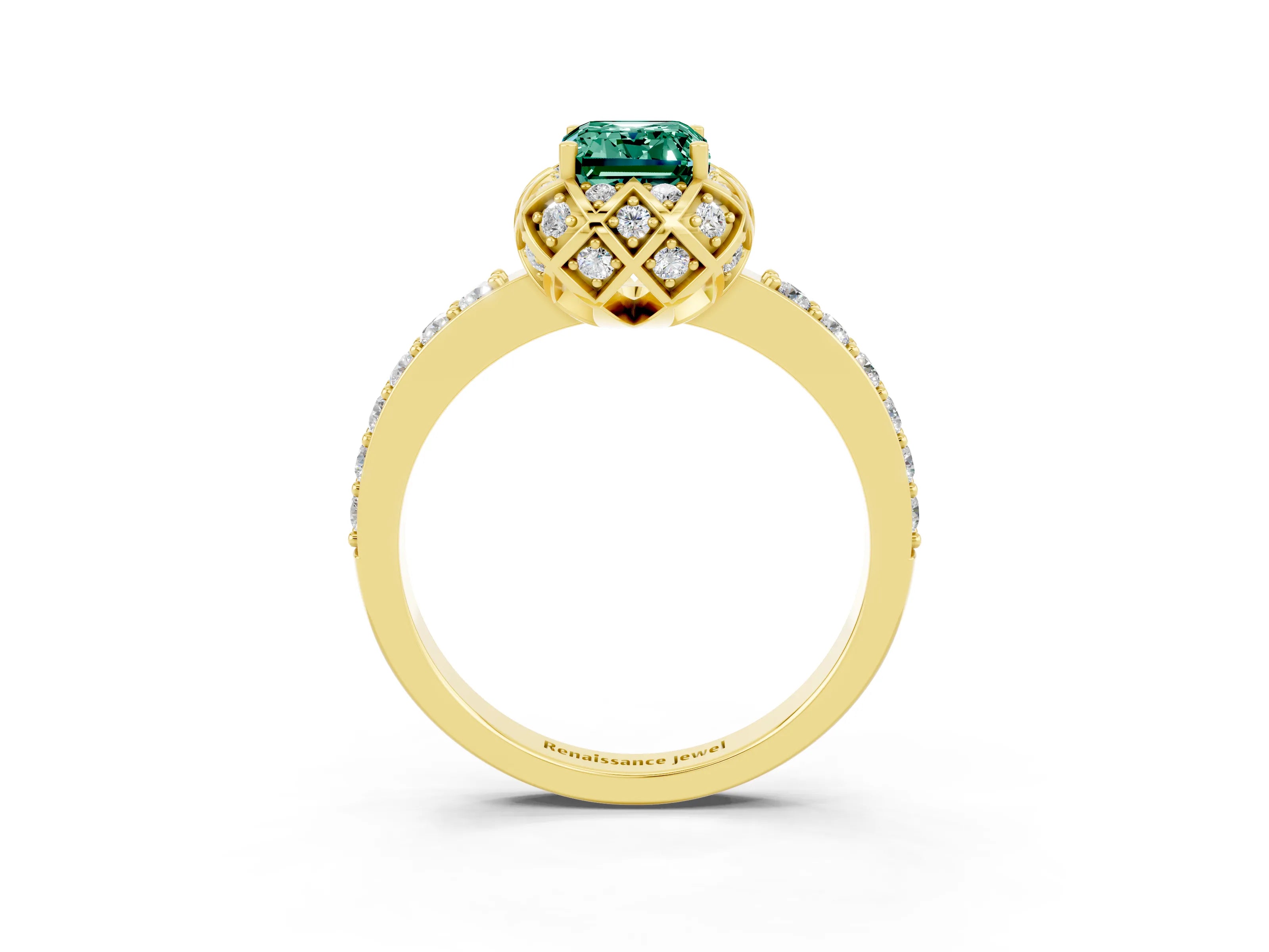 Yellow gold Emerald Cut Diamond Solitaire Ring with Shared Prong Pavé Band_3