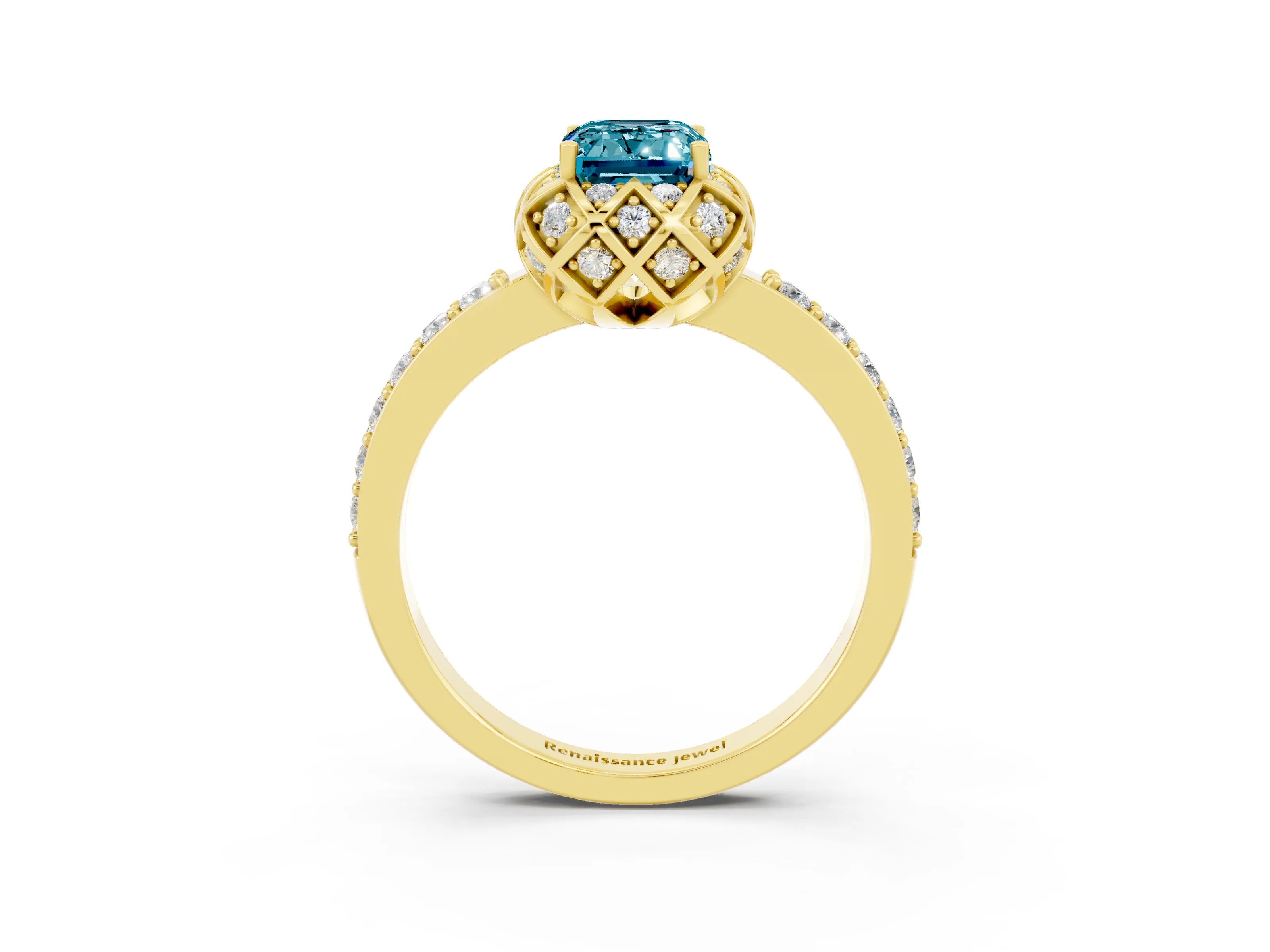 Yellow gold Emerald Cut Diamond Solitaire Ring with Shared Prong Pavé Band_3