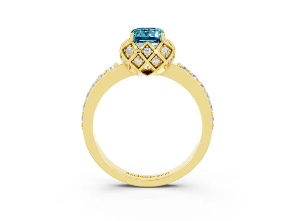 Yellow gold Emerald Cut Diamond Solitaire Ring with Shared Prong Pavé Band