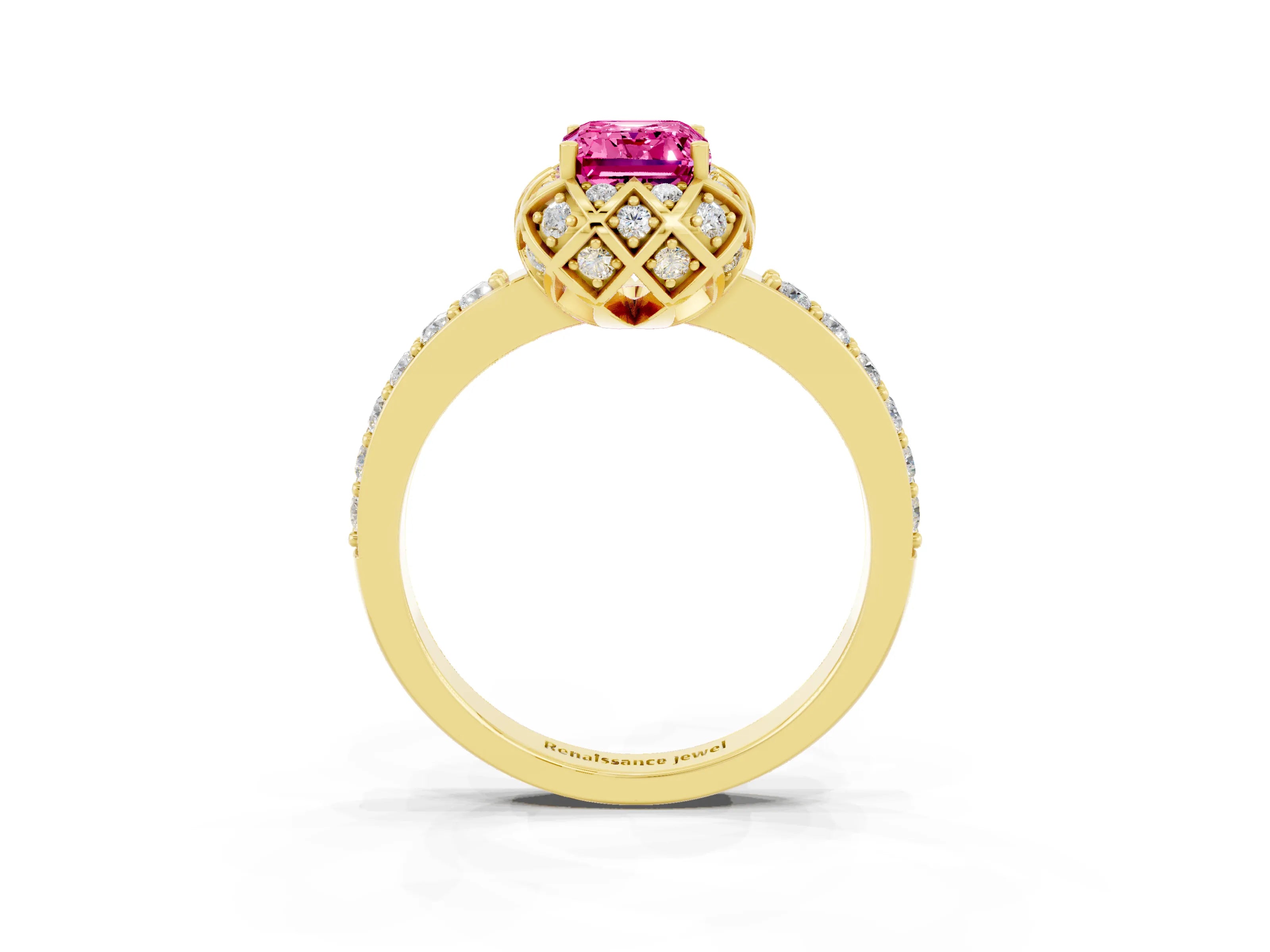 Yellow gold Emerald Cut Diamond Solitaire Ring with Shared Prong Pavé Band_3