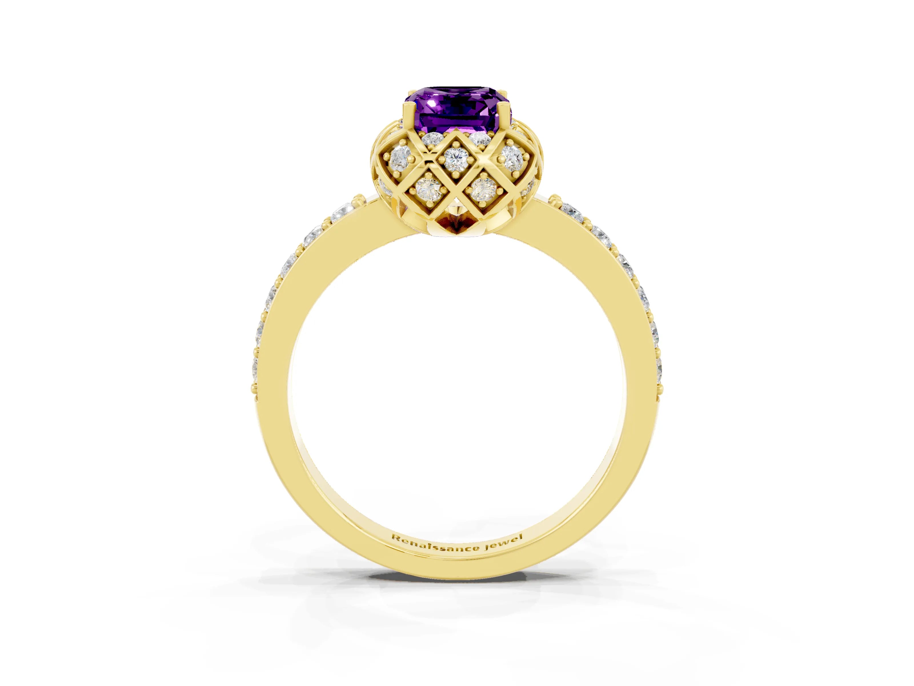 Yellow gold Emerald Cut Diamond Solitaire Ring with Shared Prong Pavé Band_3