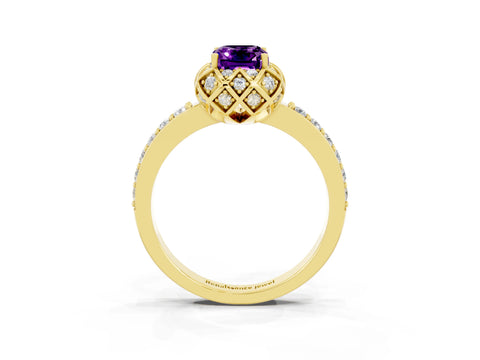 Yellow gold Emerald Cut Diamond Solitaire Ring with Shared Prong Pavé Band_3