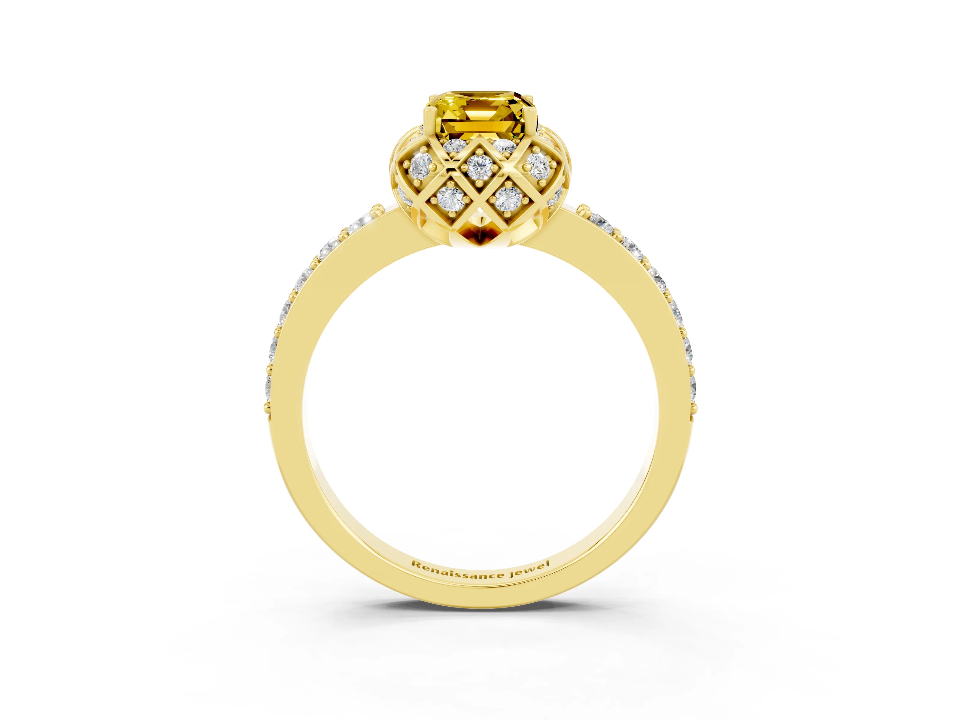 Yellow gold Emerald Cut Diamond Solitaire Ring with Shared Prong Pavé Band_3