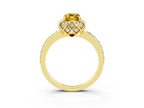 Yellow gold Emerald Cut Diamond Solitaire Ring with Shared Prong Pavé Band_3