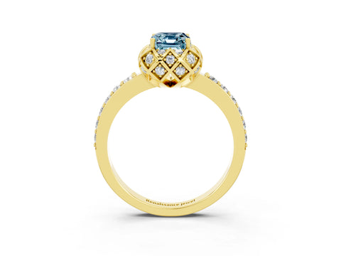 Yellow gold Emerald Cut Diamond Solitaire Ring with Shared Prong Pavé Band_3