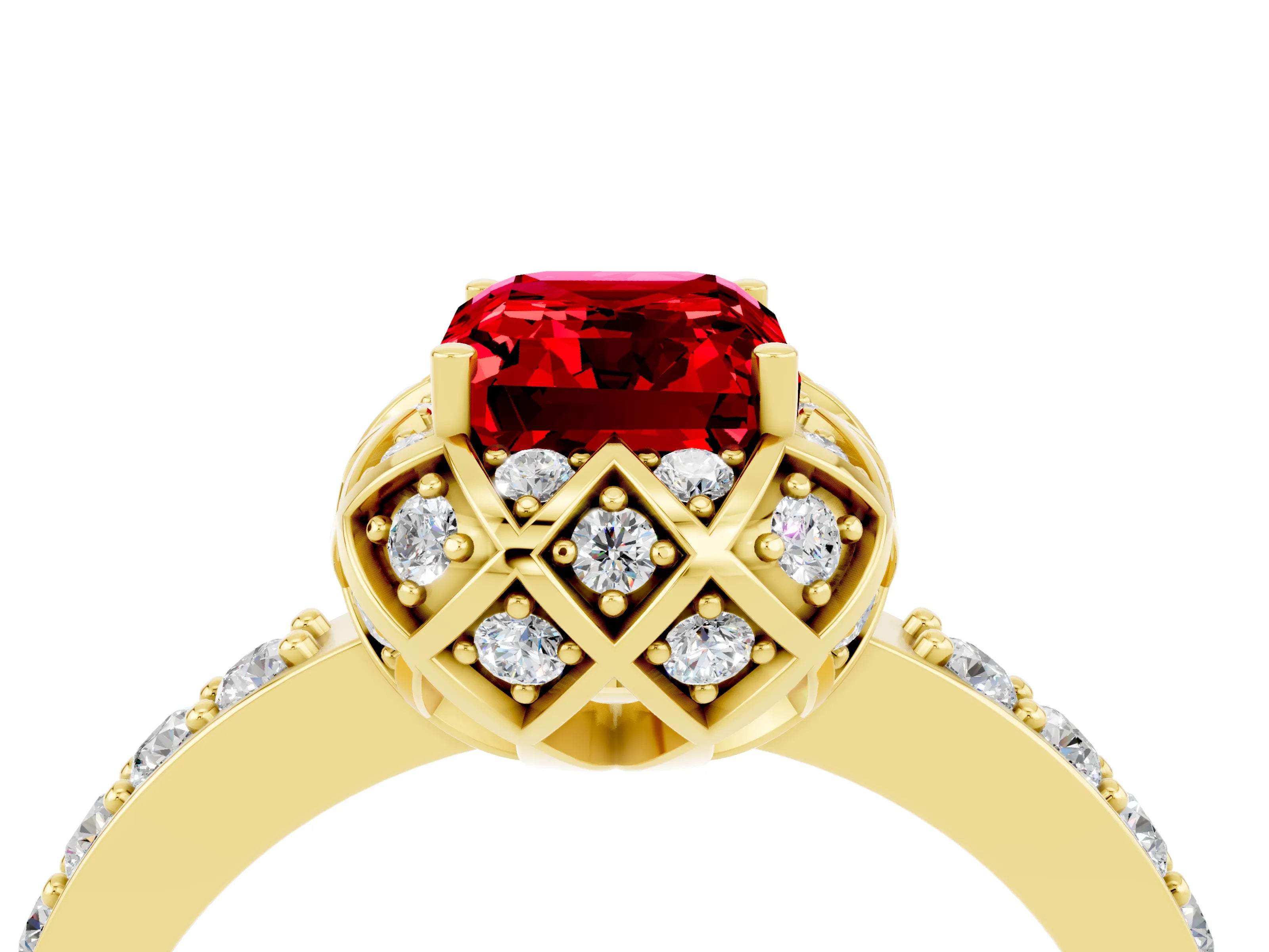 Yellow gold Emerald Cut Diamond Solitaire Ring with Shared Prong Pavé Band_4