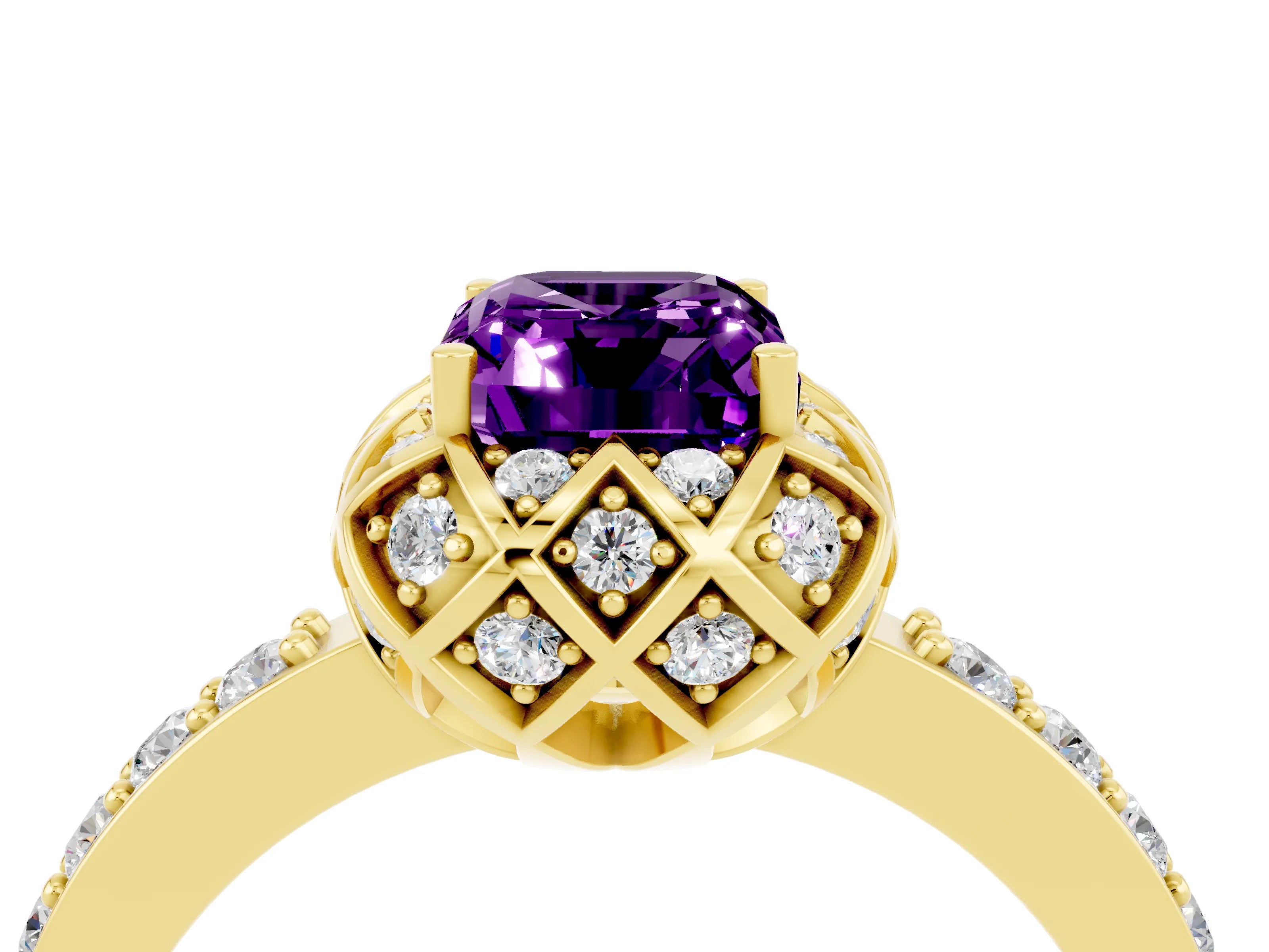 Yellow gold Emerald Cut Diamond Solitaire Ring with Shared Prong Pavé Band_4