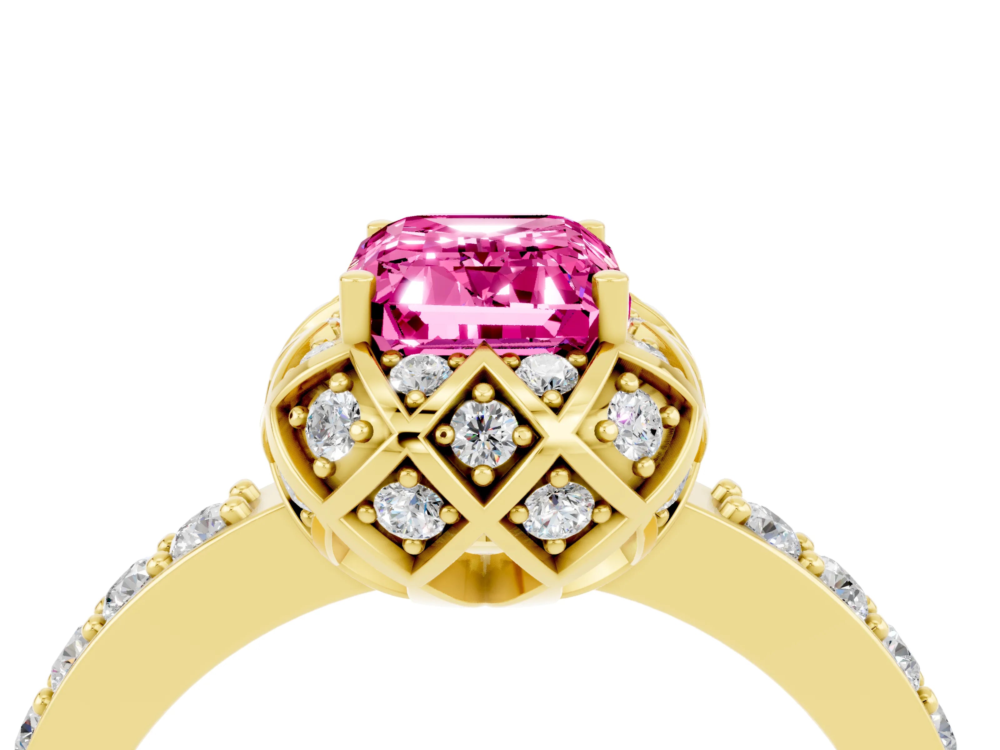 Yellow gold Emerald Cut Diamond Solitaire Ring with Shared Prong Pavé Band_4
