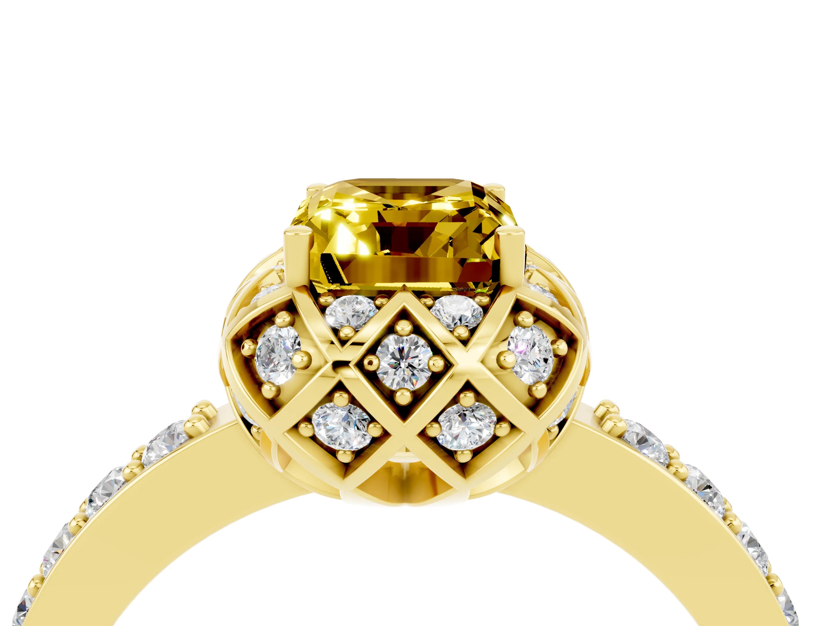 Yellow gold Emerald Cut Diamond Solitaire Ring with Shared Prong Pavé Band_4