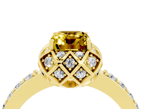 Yellow gold Emerald Cut Diamond Solitaire Ring with Shared Prong Pavé Band_4