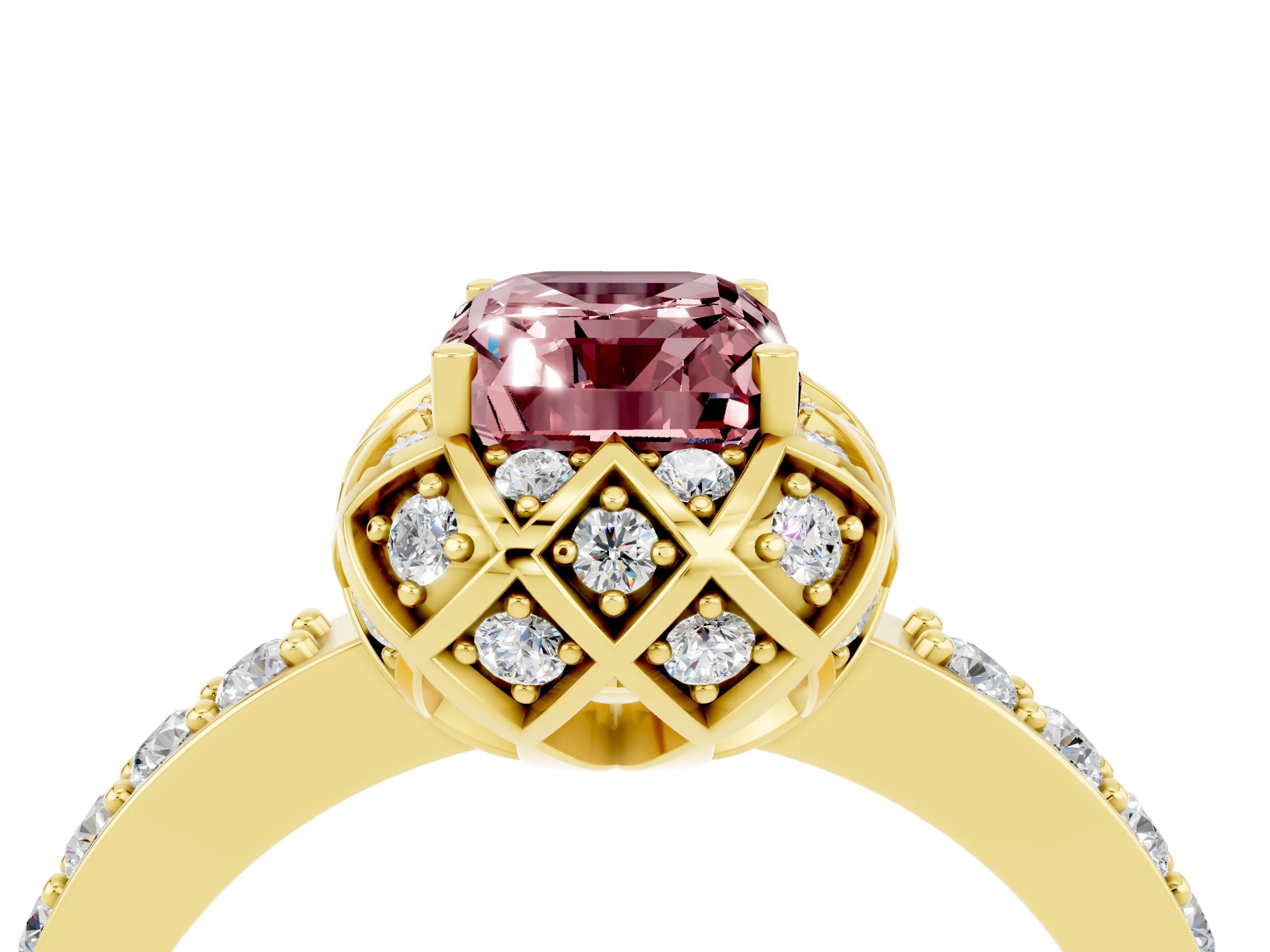 Yellow gold Emerald Cut Diamond Solitaire Ring with Shared Prong Pavé Band_4
