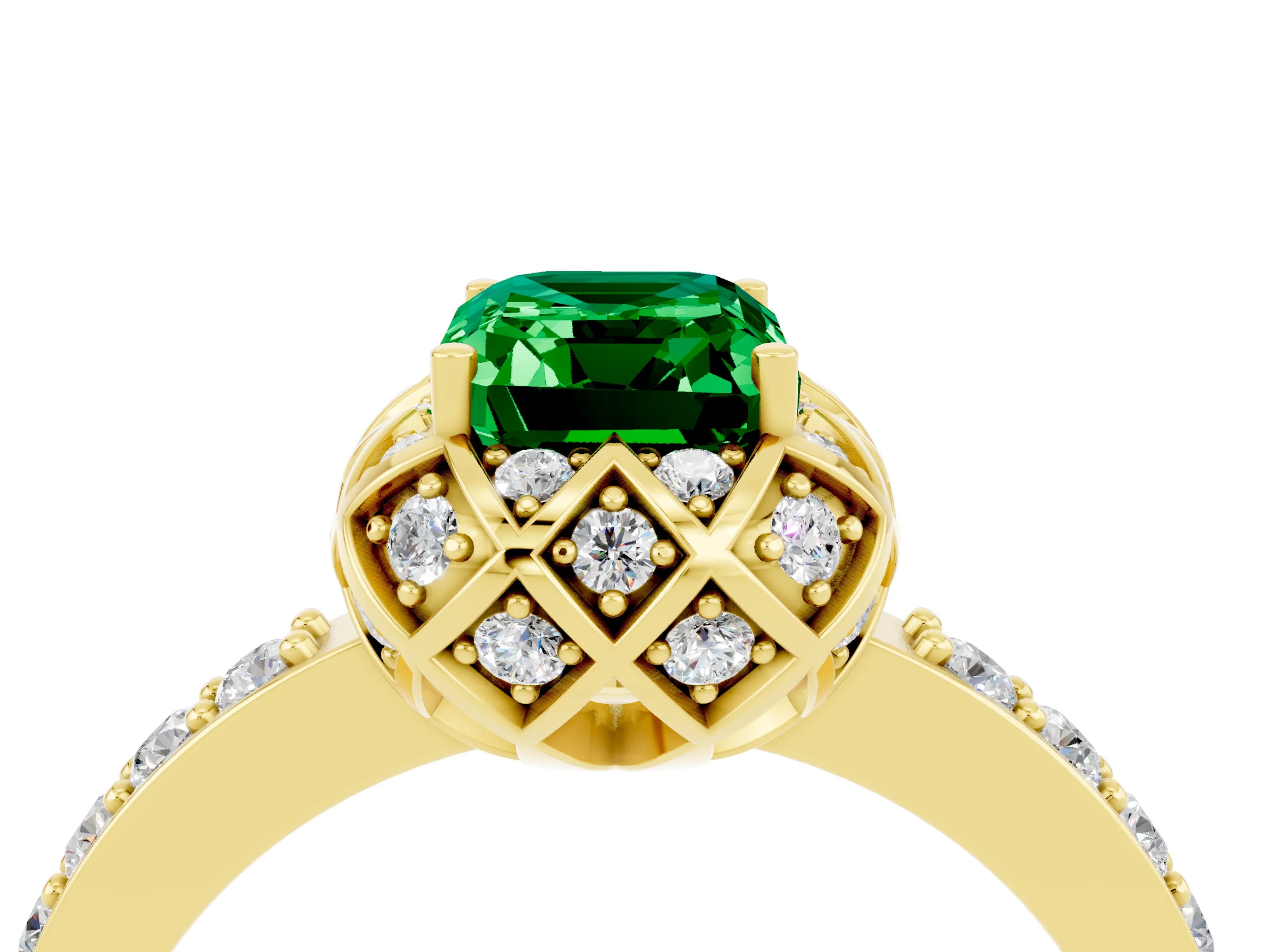 Yellow gold Emerald Cut Diamond Solitaire Ring with Shared Prong Pavé Band_4