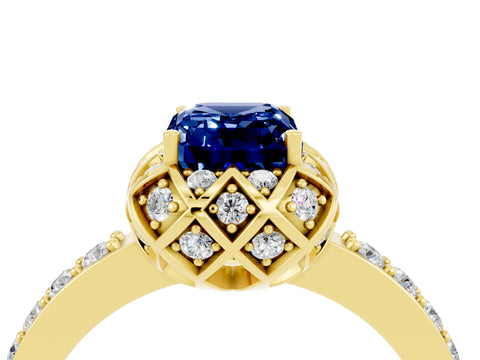 Yellow gold Emerald Cut Diamond Solitaire Ring with Shared Prong Pavé Band_4