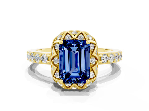 Yellow gold Emerald Cut Diamond Solitaire Ring with Shared Prong Pavé Band