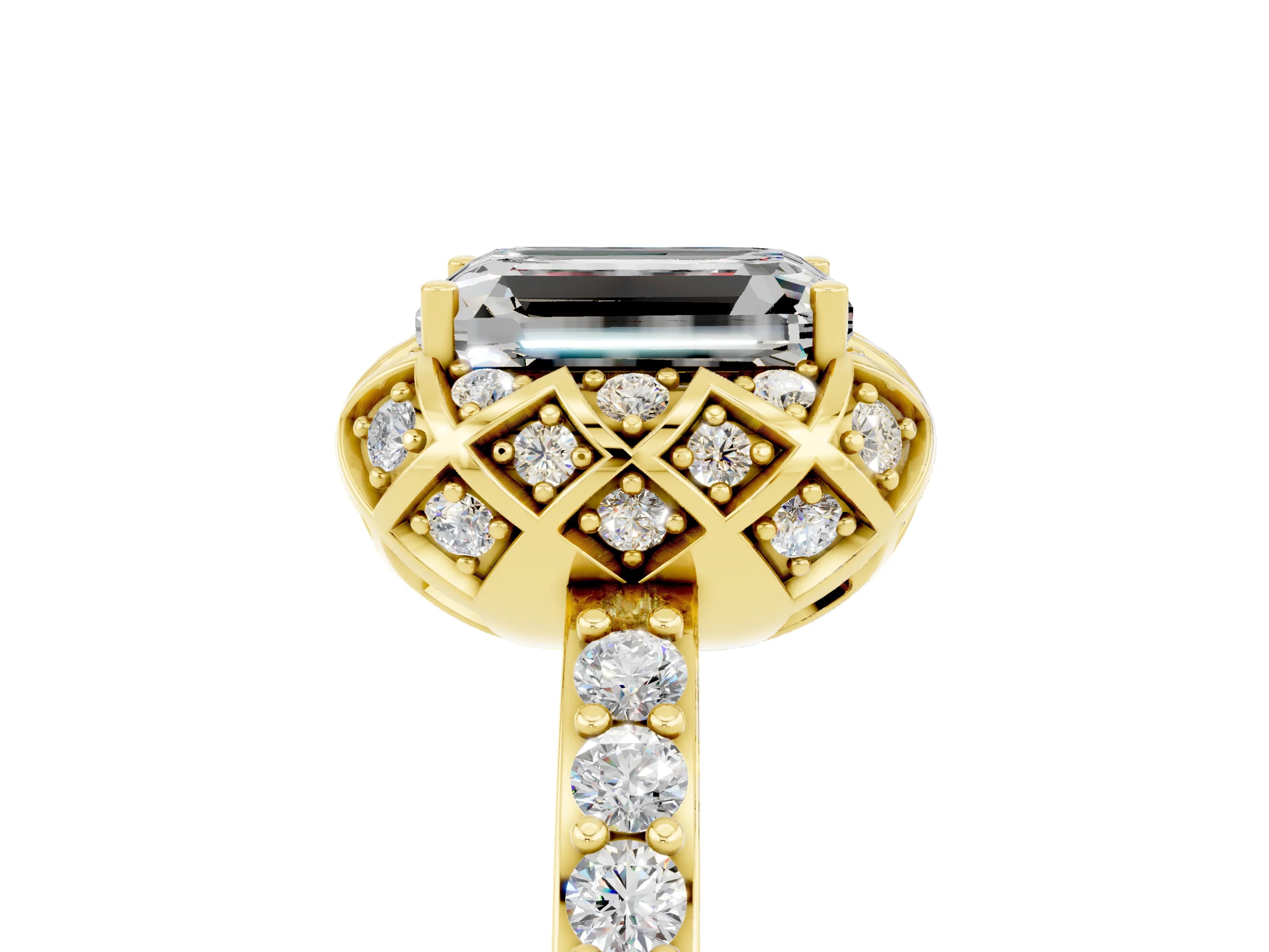 Yellow gold Emerald Cut Diamond Solitaire Ring with Shared Prong Pavé Band_5