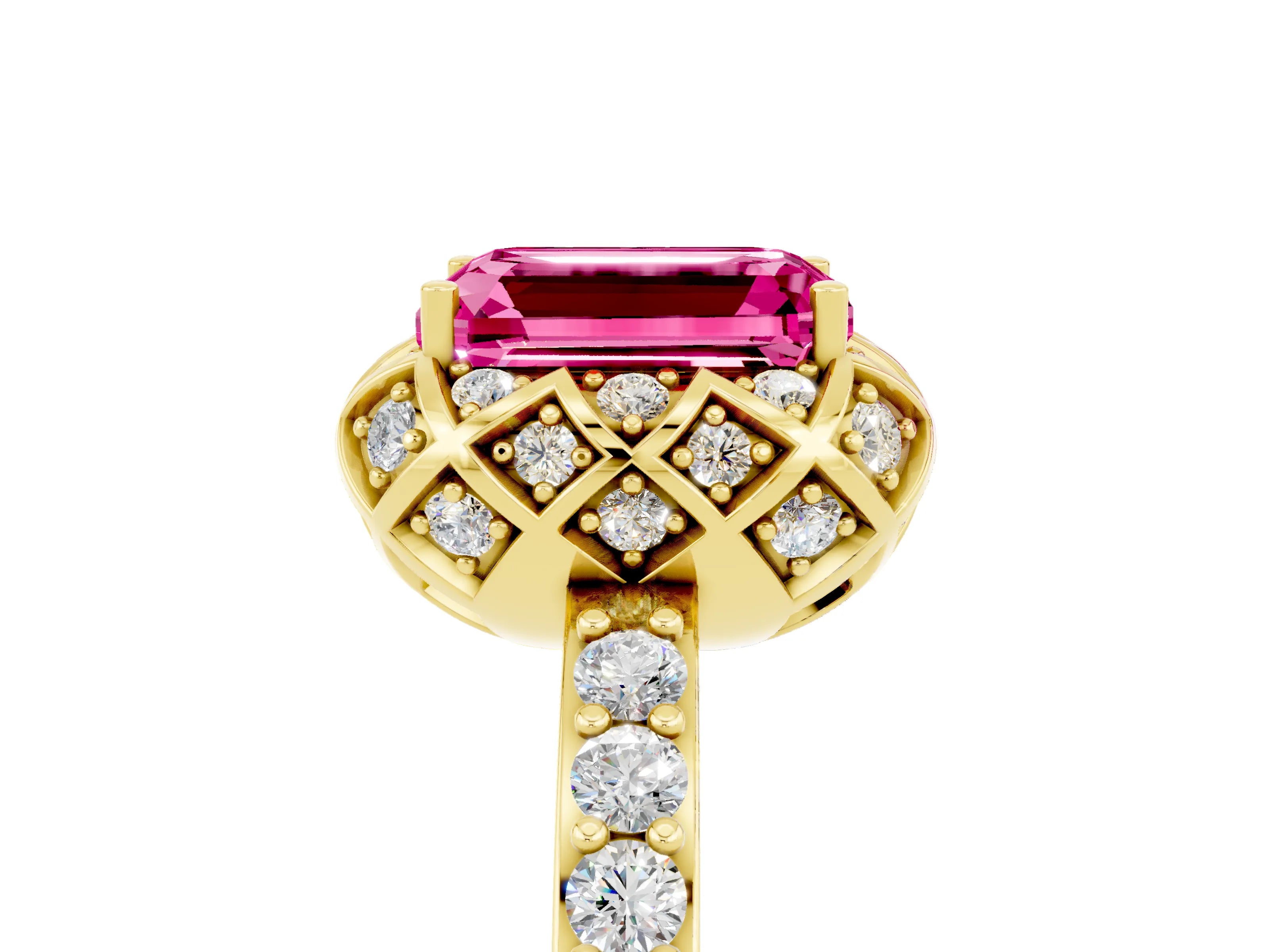 Yellow gold Emerald Cut Diamond Solitaire Ring with Shared Prong Pavé Band_5