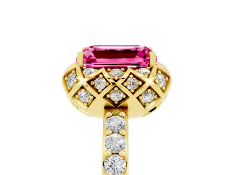 Yellow gold Emerald Cut Diamond Solitaire Ring with Shared Prong Pavé Band_5