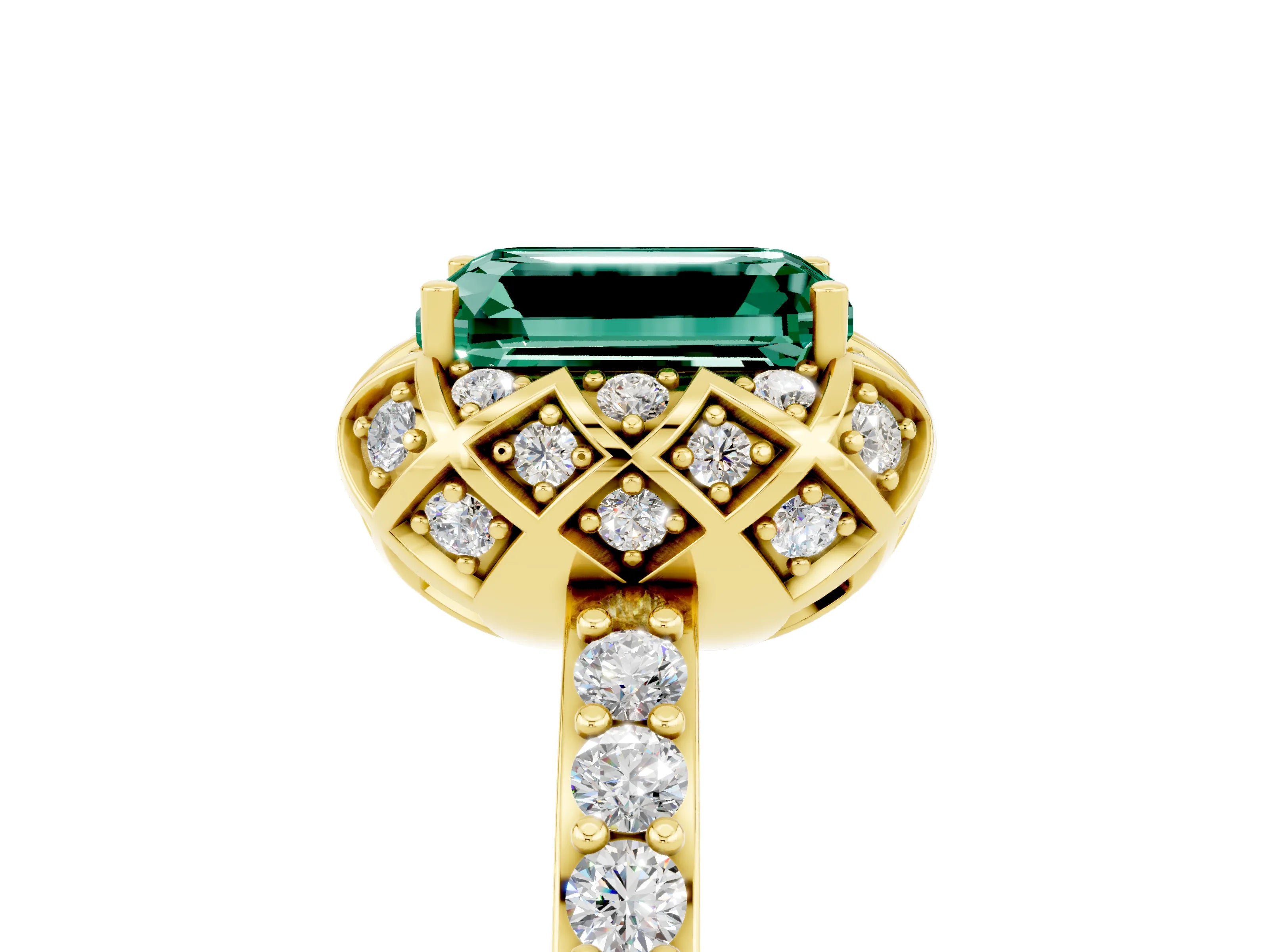 Yellow gold Emerald Cut Diamond Solitaire Ring with Shared Prong Pavé Band_5
