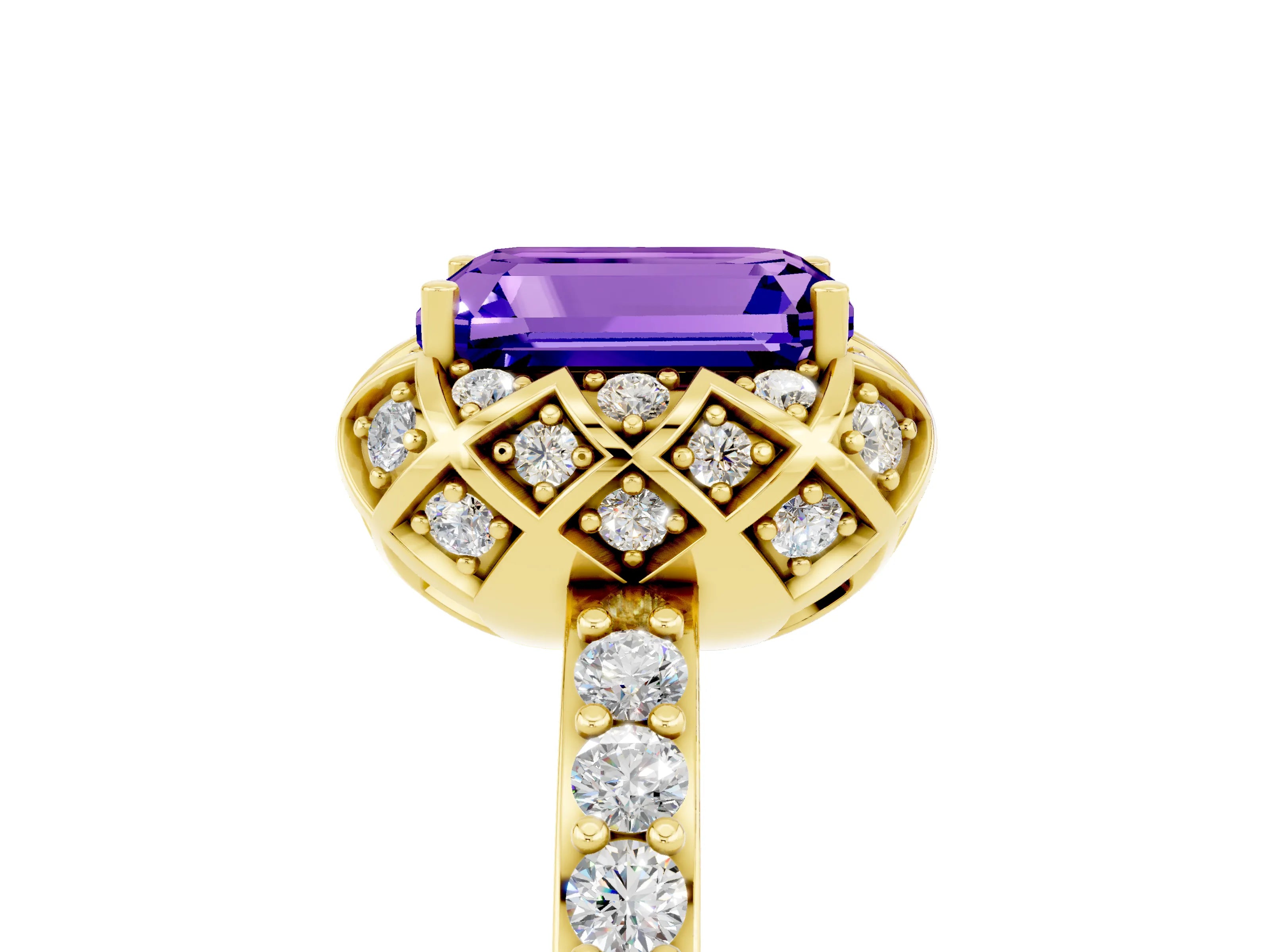 Yellow gold Emerald Cut Diamond Solitaire Ring with Shared Prong Pavé Band_5