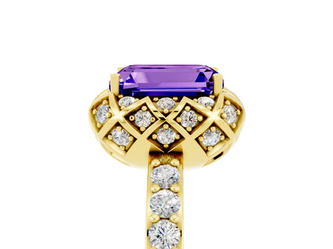 Yellow gold Emerald Cut Diamond Solitaire Ring with Shared Prong Pavé Band_5