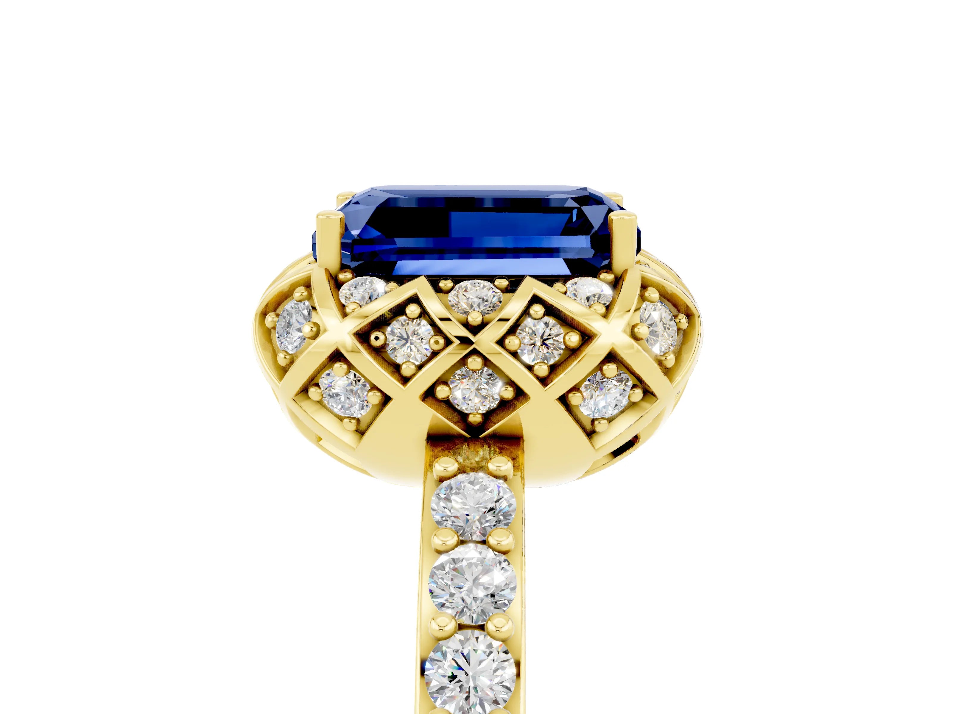 Yellow gold Emerald Cut Diamond Solitaire Ring with Shared Prong Pavé Band_5