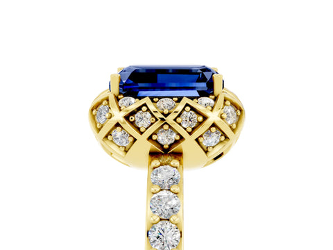 Yellow gold Emerald Cut Diamond Solitaire Ring with Shared Prong Pavé Band_5