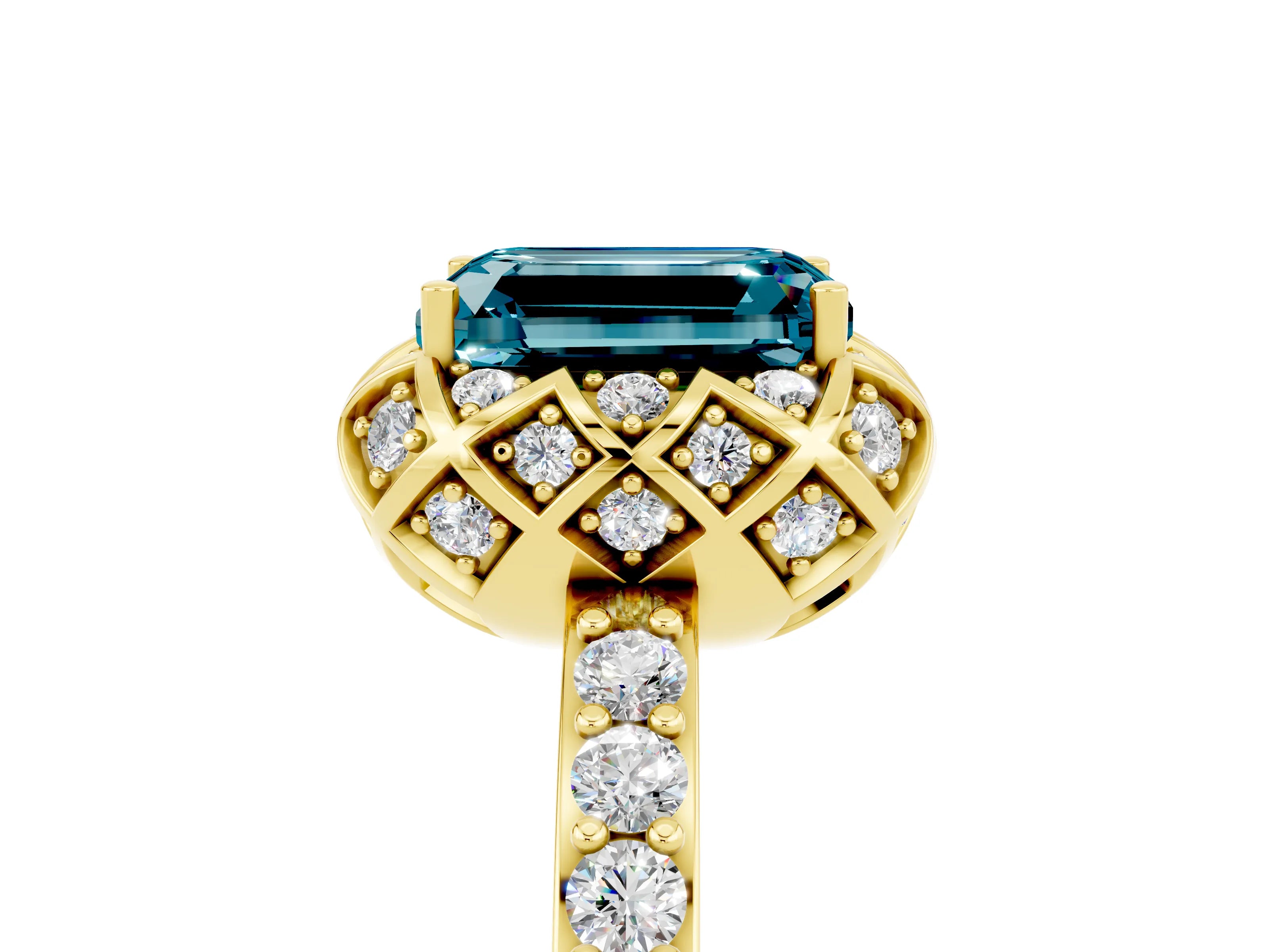 Yellow gold Emerald Cut Diamond Solitaire Ring with Shared Prong Pavé Band_5