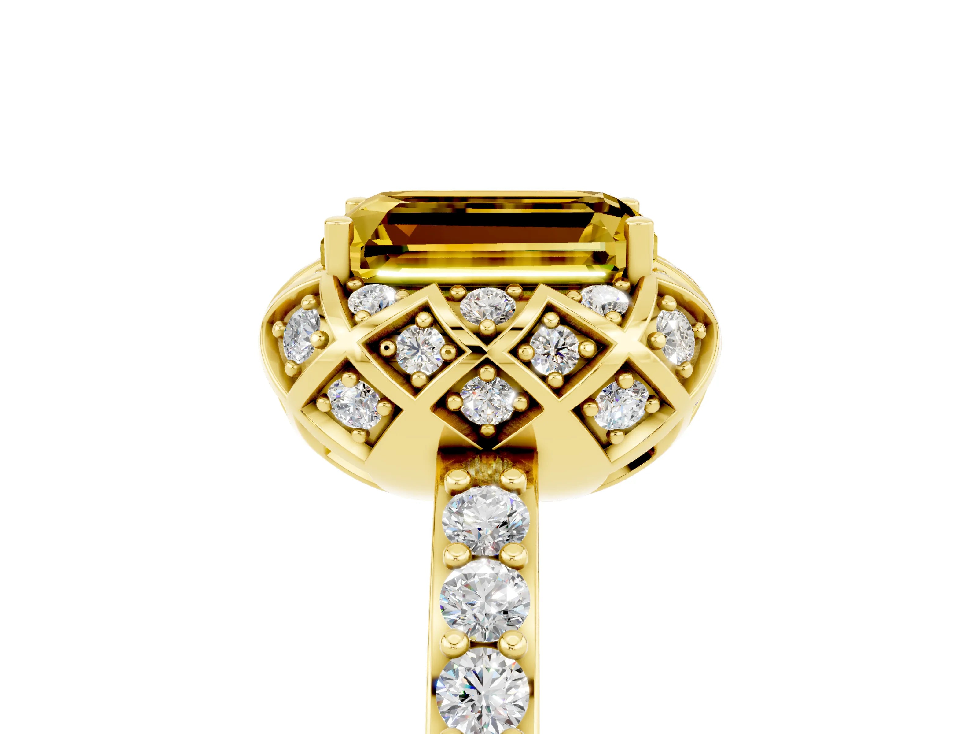 Yellow gold Emerald Cut Diamond Solitaire Ring with Shared Prong Pavé Band_5