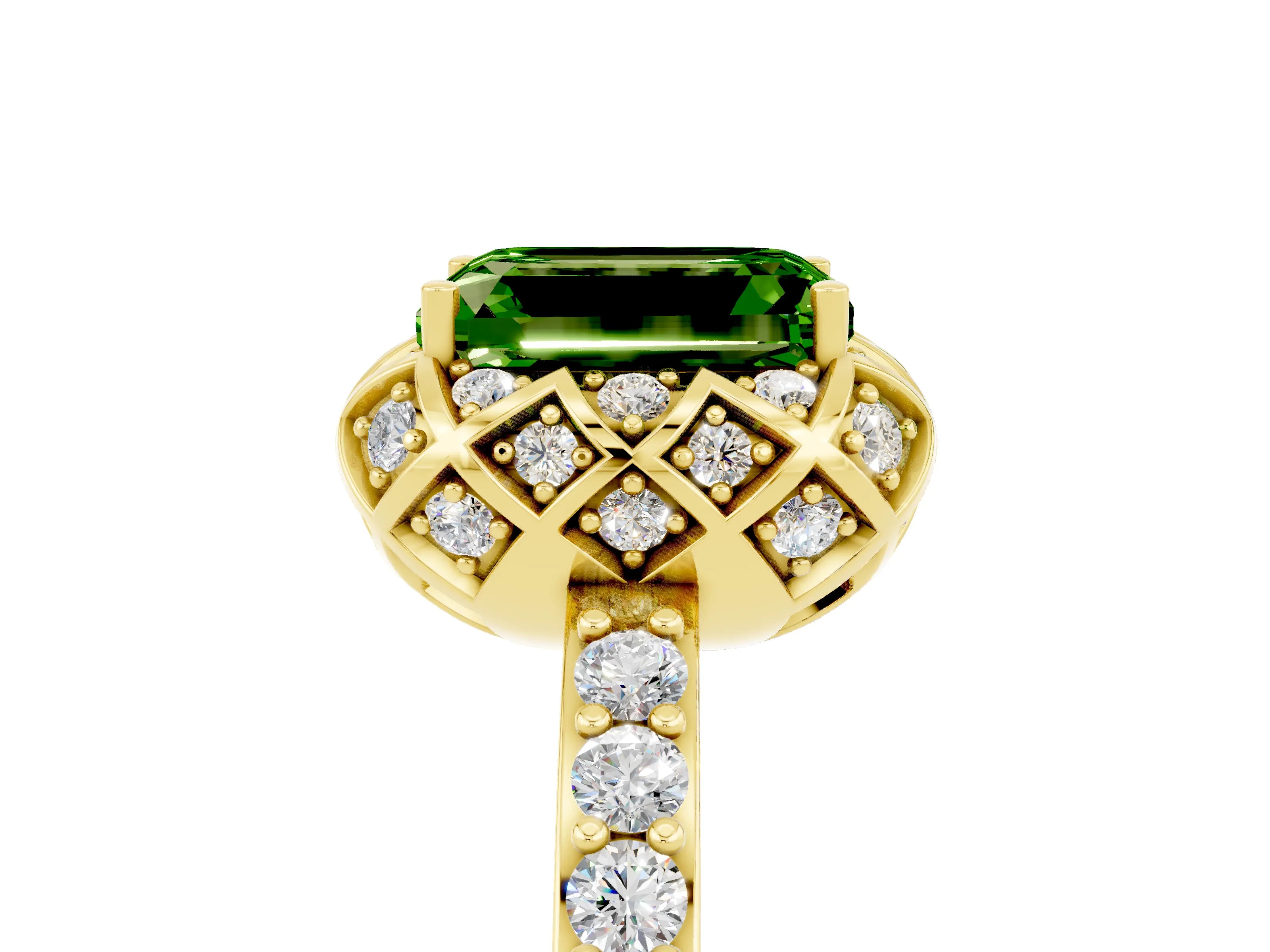 Yellow gold Emerald Cut Diamond Solitaire Ring with Shared Prong Pavé Band_5