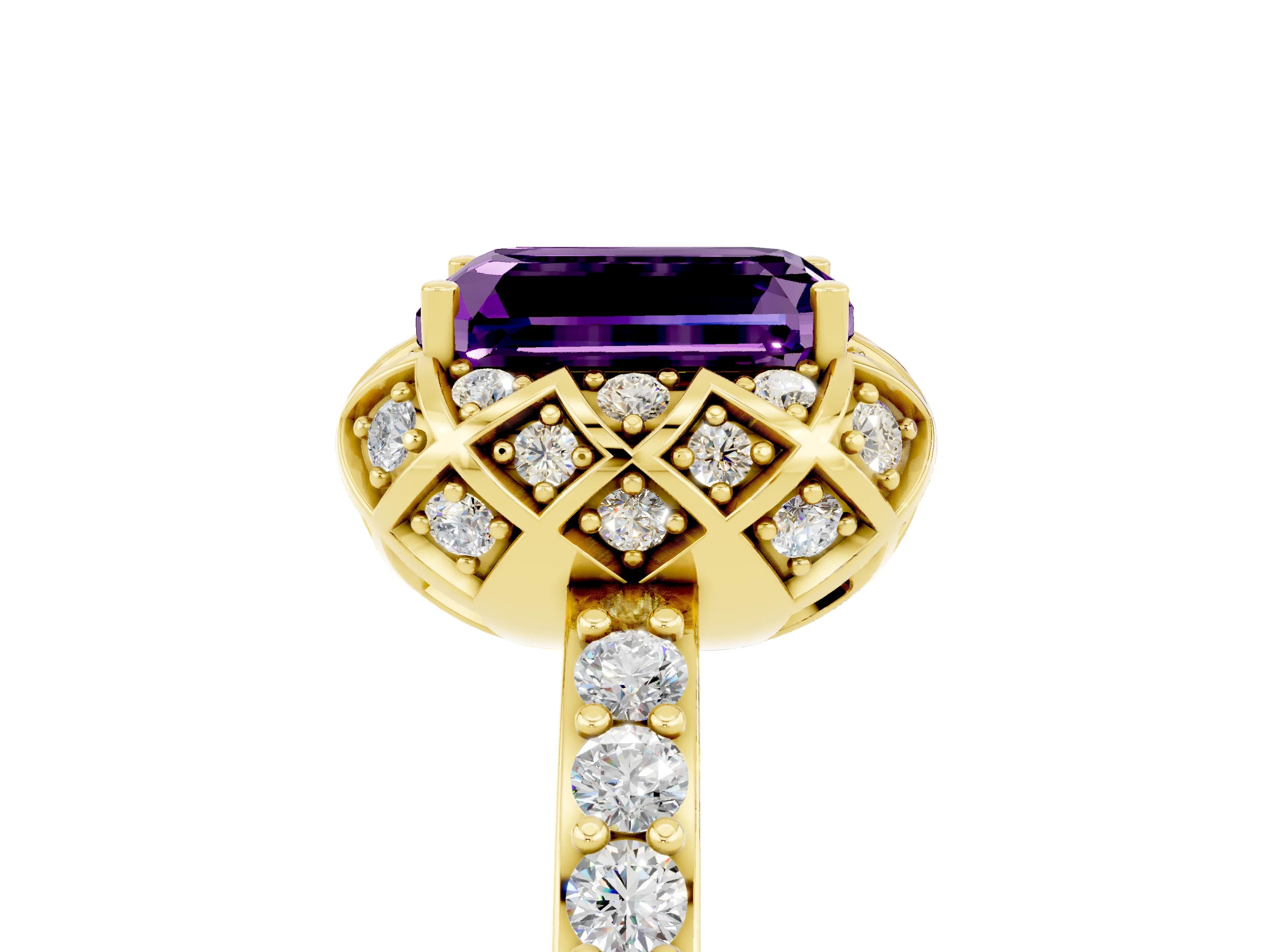 Yellow gold Emerald Cut Diamond Solitaire Ring with Shared Prong Pavé Band_5