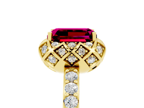 Yellow gold Emerald Cut Diamond Solitaire Ring with Shared Prong Pavé Band_5
