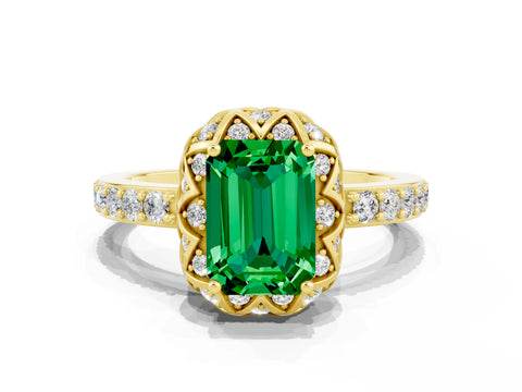 Yellow gold Emerald Cut Diamond Solitaire Ring with Shared Prong Pavé Band