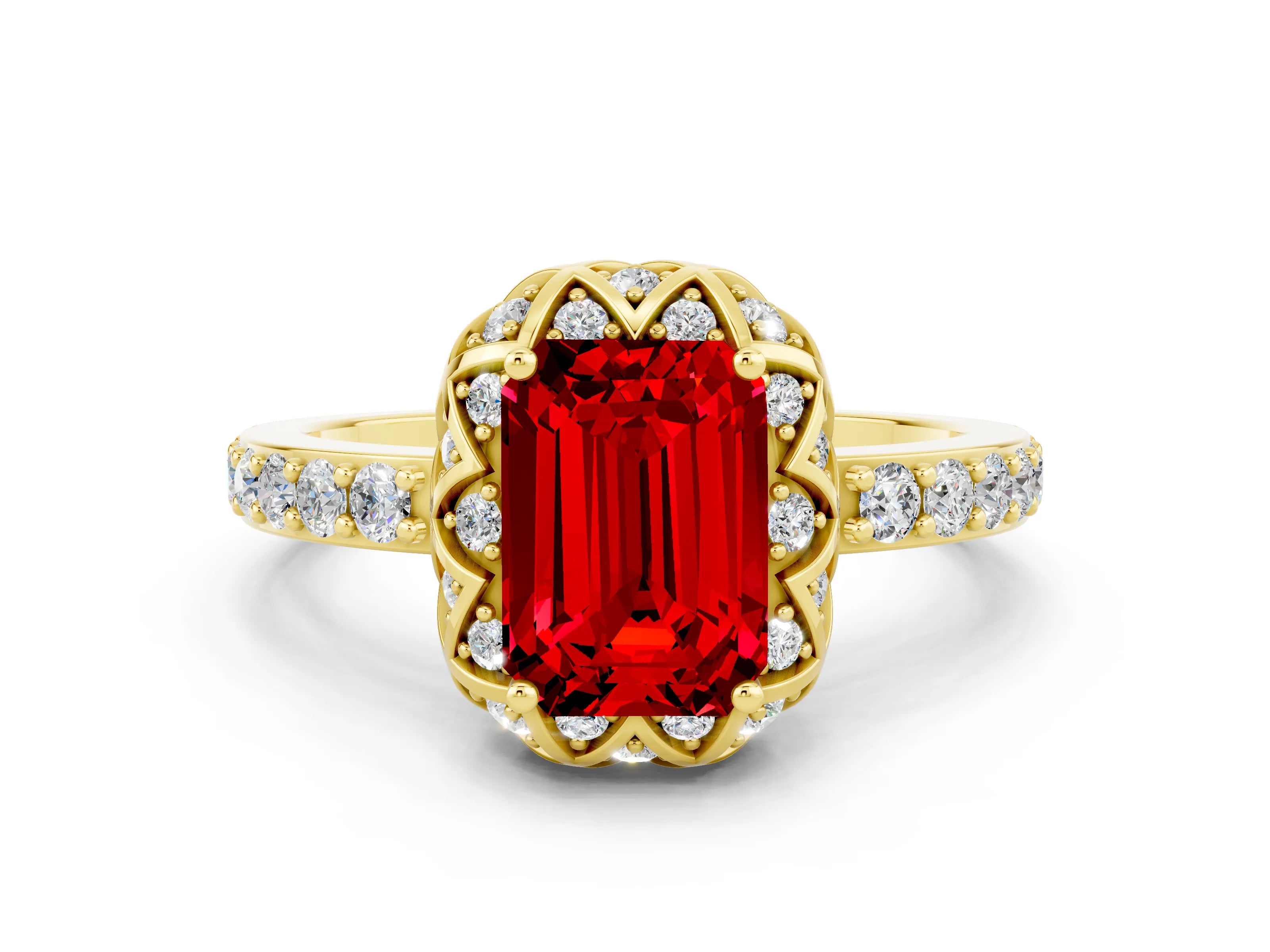 Yellow gold Emerald Cut Diamond Solitaire Ring with Shared Prong Pavé Band
