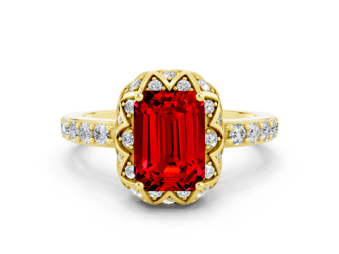 Yellow gold Emerald Cut Diamond Solitaire Ring with Shared Prong Pavé Band