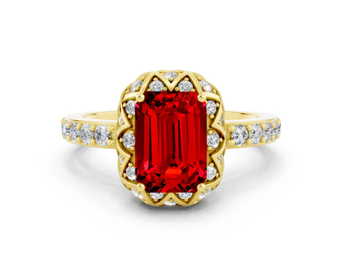 Yellow gold Emerald Cut Diamond Solitaire Ring with Shared Prong Pavé Band