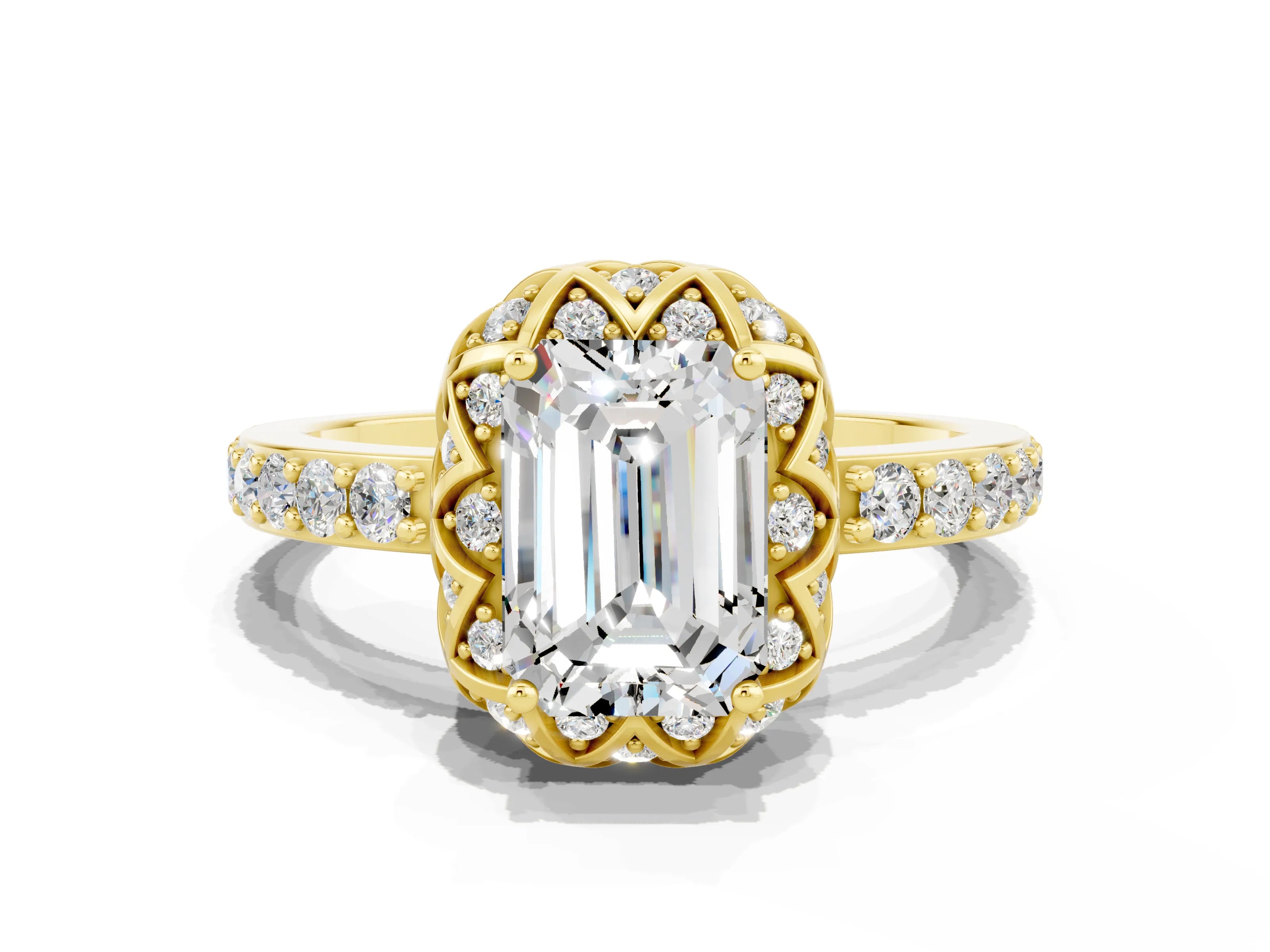 Yellow gold Emerald Cut Diamond Solitaire Ring with Shared Prong Pavé Band