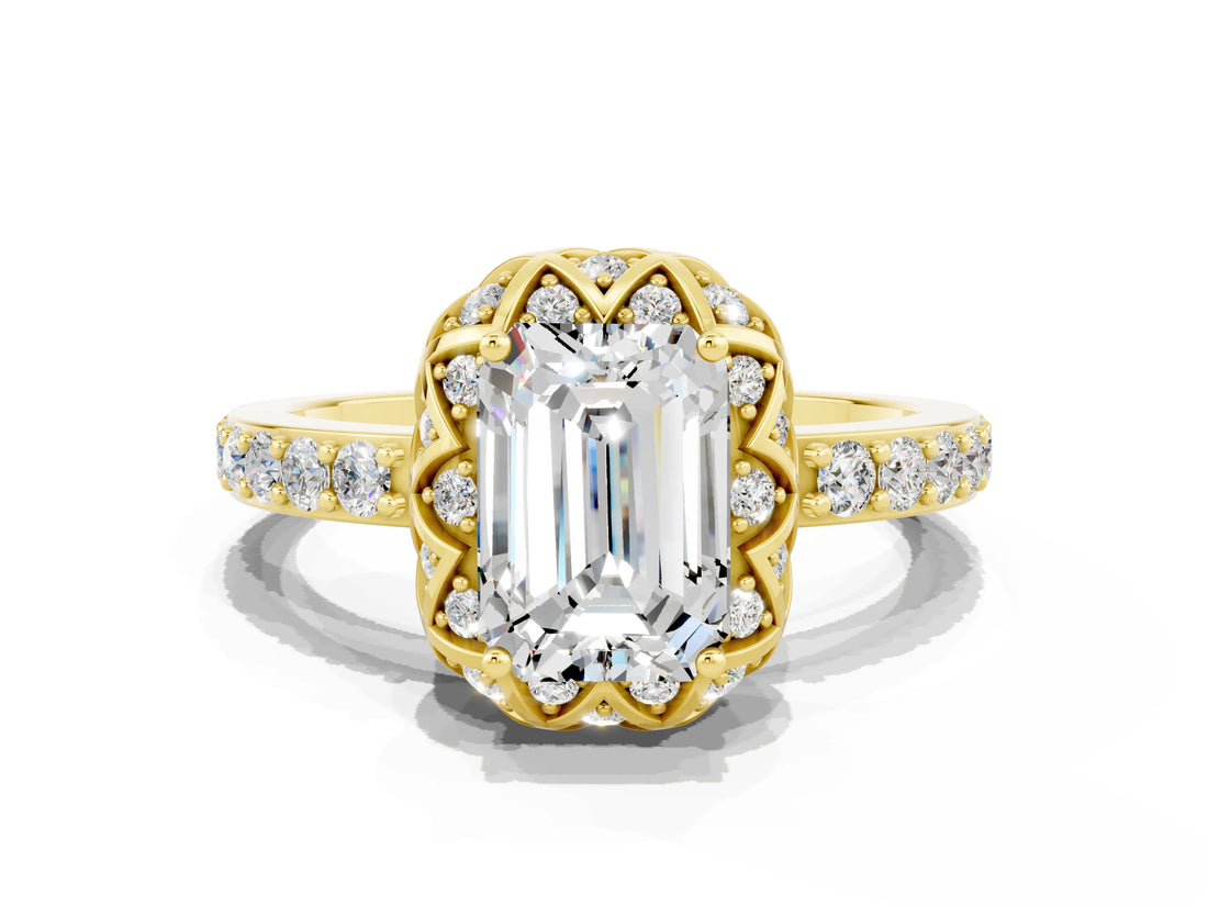 Yellow gold Emerald Cut Diamond Solitaire Ring with Shared Prong Pavé Band