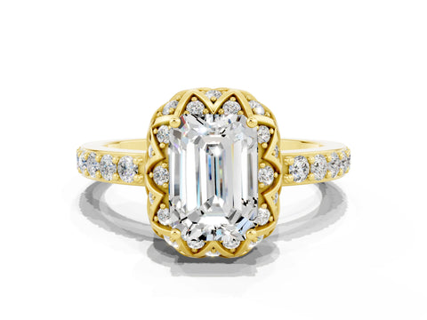 Yellow gold Emerald Cut Diamond Solitaire Ring with Shared Prong Pavé Band