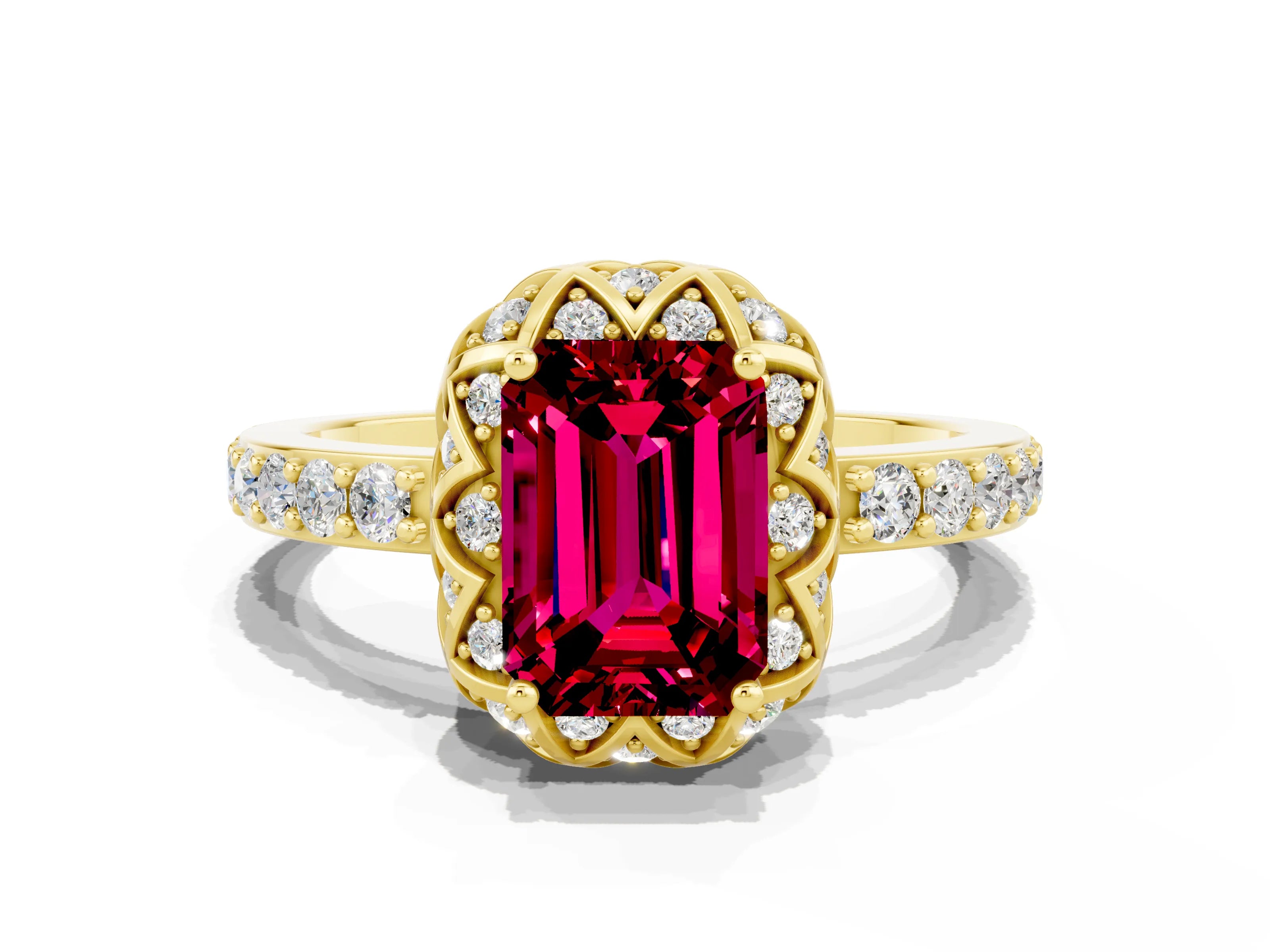 Yellow gold Emerald Cut Diamond Solitaire Ring with Shared Prong Pavé Band