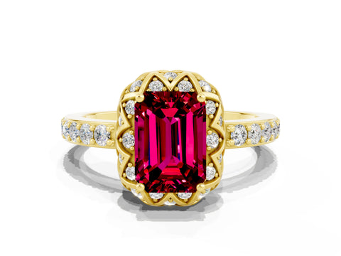 Yellow gold Emerald Cut Diamond Solitaire Ring with Shared Prong Pavé Band
