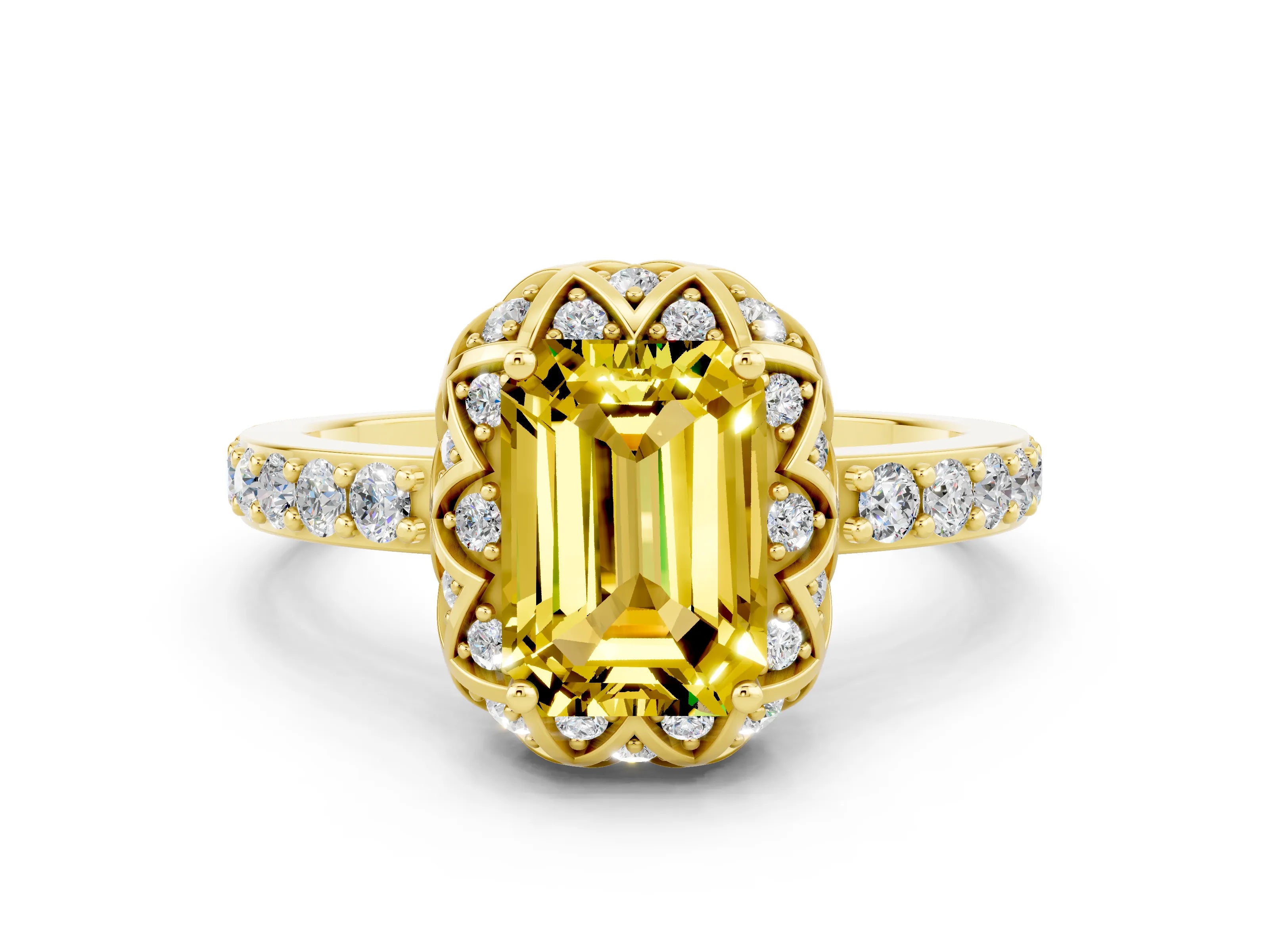 Yellow gold Emerald Cut Diamond Solitaire Ring with Shared Prong Pavé Band