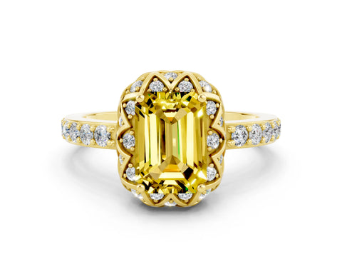 Yellow gold Emerald Cut Diamond Solitaire Ring with Shared Prong Pavé Band