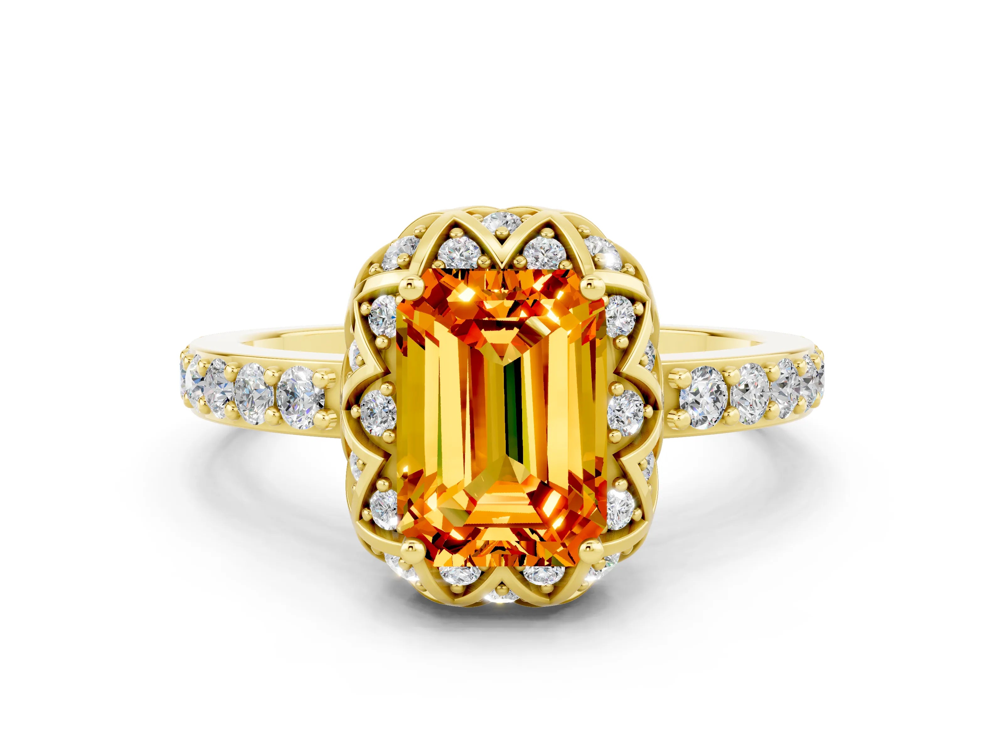 Yellow gold Emerald Cut Diamond Solitaire Ring with Shared Prong Pavé Band